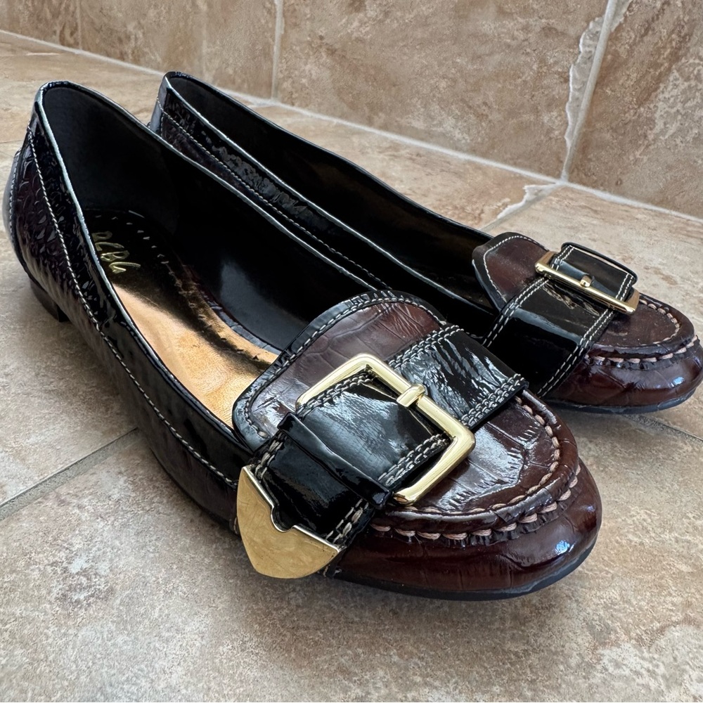 BCBG Brown and Black Leather Loafers with Gold Buckle